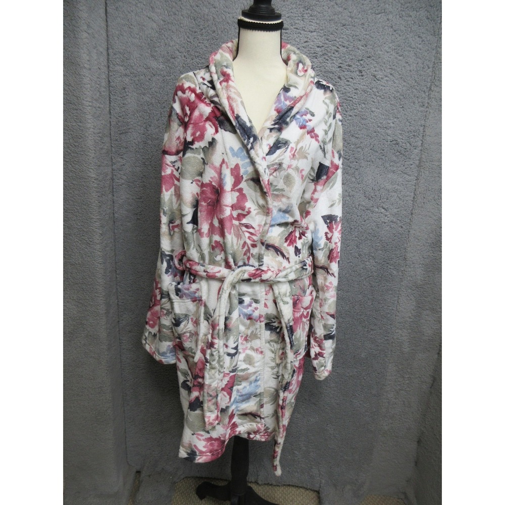 JMC Floral Plush Robe Womens OS Pink Belted Cozy Fleece Lounge Feminine Bathrobe